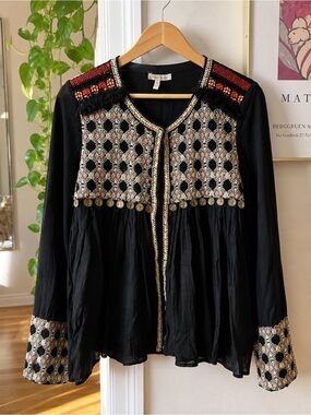 Zara Embroidered Boho Coin Trim Open Front Blouse